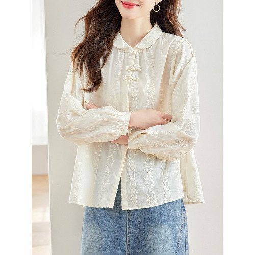 寬鬆國風新中式綉花杏色襯衫遮肉顯瘦盤釦漂亮小衫2025年秋季新款