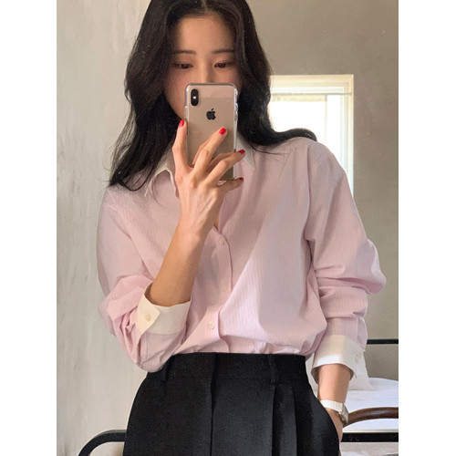 藍色條紋長袖襯衫女秋季新款韓版小個子上衣通勤撞色拼接白領襯衣