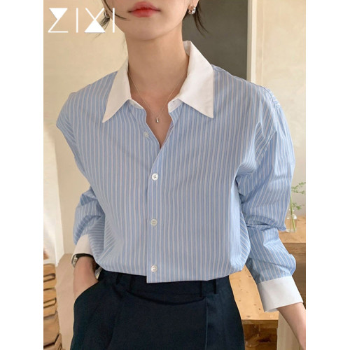 藍色條紋長袖襯衫女秋季新款韓版小個子上衣通勤撞色拼接白領襯衣