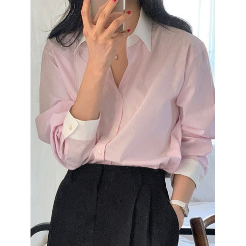 藍色條紋長袖襯衫女秋季新款韓版小個子上衣通勤撞色拼接白領襯衣