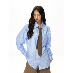 VATTY復古藍條紋oversize休閒長袖襯衫女老錢高智感百搭曡穿上衣