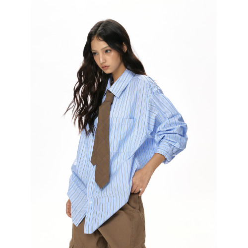 VATTY復古藍條紋oversize休閒長袖襯衫女老錢高智感百搭曡穿上衣