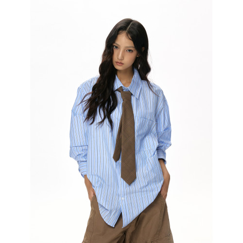 VATTY復古藍條紋oversize休閒長袖襯衫女老錢高智感百搭曡穿上衣