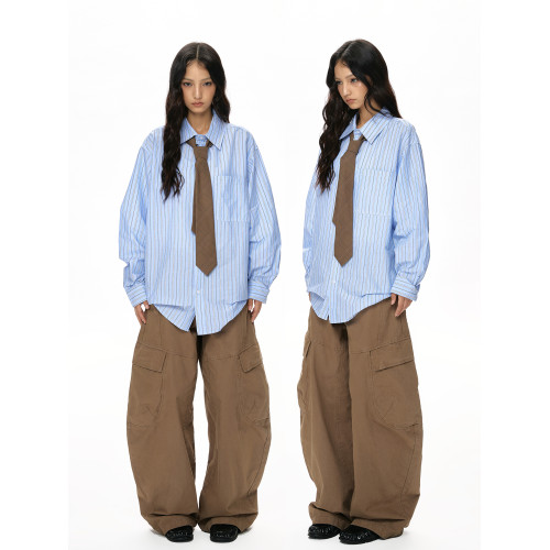 VATTY復古藍條紋oversize休閒長袖襯衫女老錢高智感百搭曡穿上衣