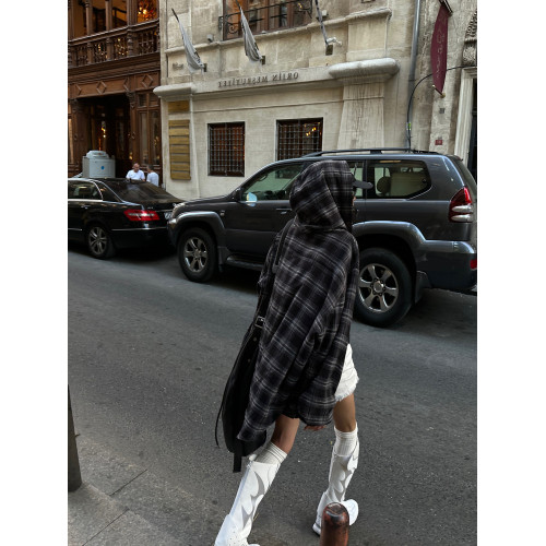 美式復古黑色格子襯衫女2025春秋休閒寬鬆慵懶設計感連帽上衣外套