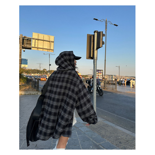 美式復古黑色格子襯衫女2025春秋休閒寬鬆慵懶設計感連帽上衣外套