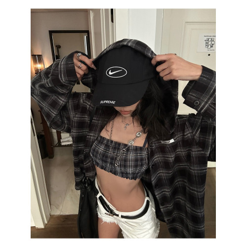 美式復古黑色格子襯衫女2025春秋休閒寬鬆慵懶設計感連帽上衣外套