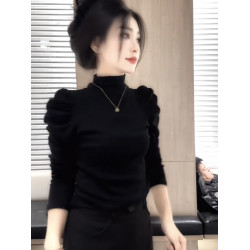 法式洋氣泡泡袖高領長袖T恤女冬季2025年新款修身顯瘦內搭打底衫