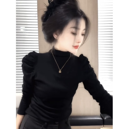 法式洋氣泡泡袖高領長袖T恤女冬季2025年新款修身顯瘦內搭打底衫