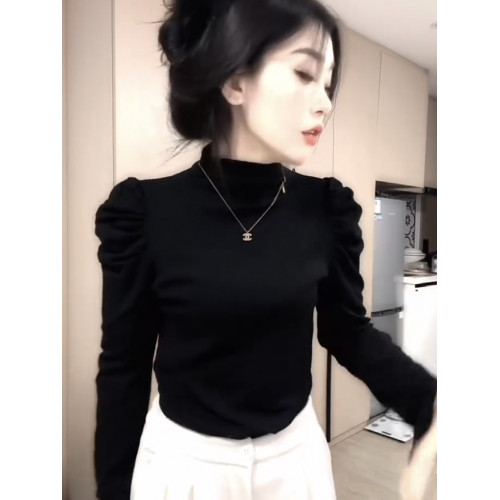 法式洋氣泡泡袖高領長袖T恤女冬季2025年新款修身顯瘦內搭打底衫