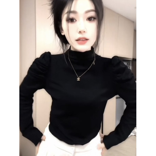 法式洋氣泡泡袖高領長袖T恤女冬季2025年新款修身顯瘦內搭打底衫