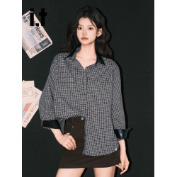 it:CHOCOOLATE 高智感黑格Polo領長袖襯衫女2025新款法式氣質上衣