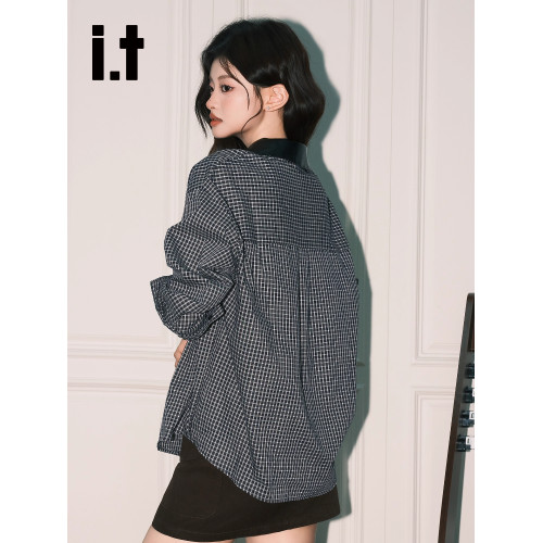 it:CHOCOOLATE 高智感黑格Polo領長袖襯衫女2025新款法式氣質上衣