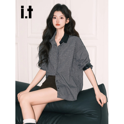 it:CHOCOOLATE 高智感黑格Polo領長袖襯衫女2025新款法式氣質上衣