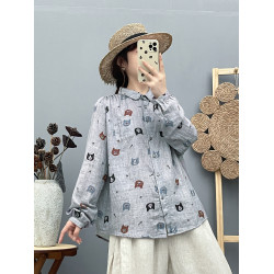 可愛卡通印花雙層棉紗長袖襯衫女春秋裝新款寬鬆顯瘦上衣寬鬆襯衣