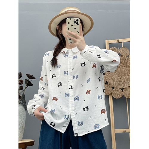 可愛卡通印花雙層棉紗長袖襯衫女春秋裝新款寬鬆顯瘦上衣寬鬆襯衣