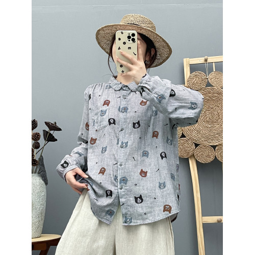 可愛卡通印花雙層棉紗長袖襯衫女春秋裝新款寬鬆顯瘦上衣寬鬆襯衣