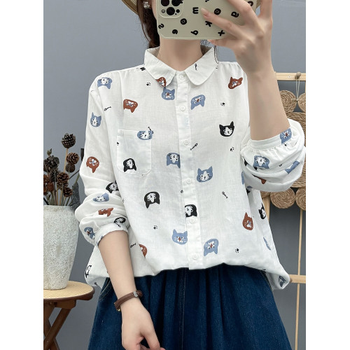 可愛卡通印花雙層棉紗長袖襯衫女春秋裝新款寬鬆顯瘦上衣寬鬆襯衣