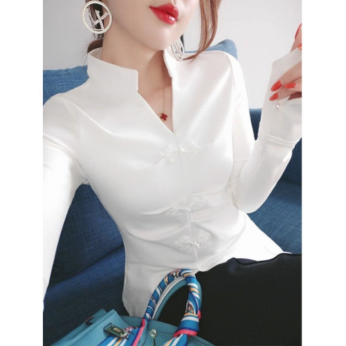 風收腰春秋復古民族風盤釦襯衫女時尚內搭氣質小衆別致上衣女