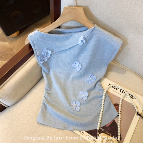 自畱爆款推薦~一字肩立體花朵針織衫t恤女夏季2026辣妹掐腰小上衣