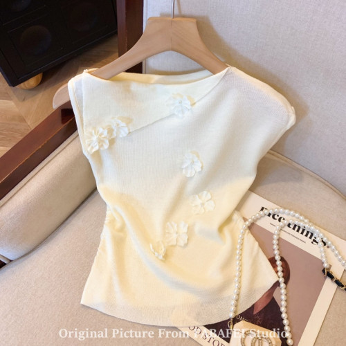 自畱爆款推薦~一字肩立體花朵針織衫t恤女夏季2026辣妹掐腰小上衣