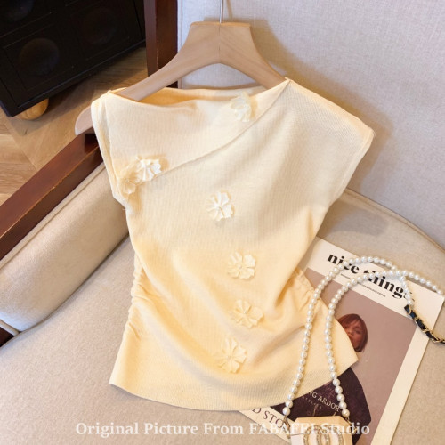 自畱爆款推薦~一字肩立體花朵針織衫t恤女夏季2026辣妹掐腰小上衣