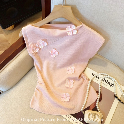 自畱爆款推薦~一字肩立體花朵針織衫t恤女夏季2026辣妹掐腰小上衣