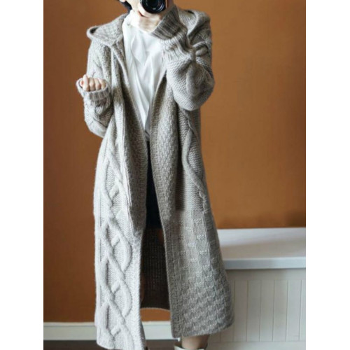 25歐洲站麻花長款連帽大衣女秋冬時尚加厚帶帽針織開衫慵懶風