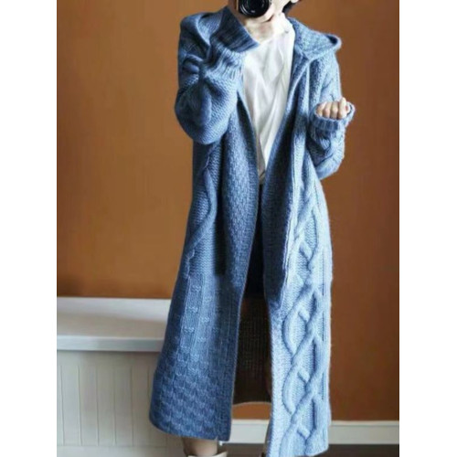 25歐洲站麻花長款連帽大衣女秋冬時尚加厚帶帽針織開衫慵懶風