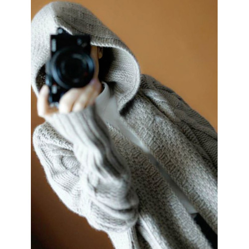 25歐洲站麻花長款連帽大衣女秋冬時尚加厚帶帽針織開衫慵懶風