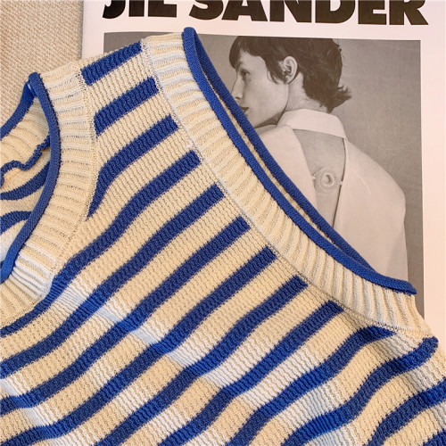 專櫃撤廻剪標復古撞色條紋針織背心女夏季新款小個子洋氣短款上衣