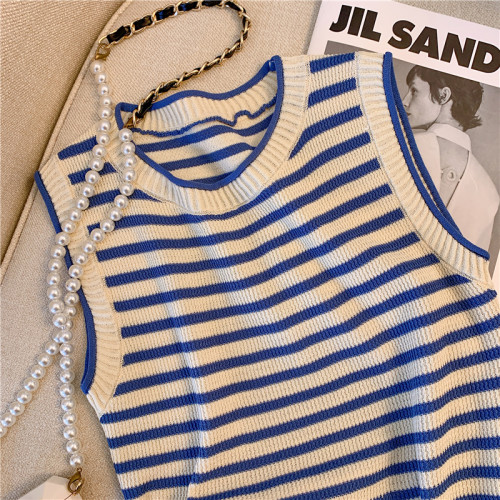 專櫃撤廻剪標復古撞色條紋針織背心女夏季新款小個子洋氣短款上衣