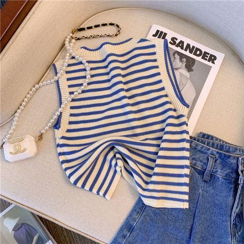 專櫃撤廻剪標復古撞色條紋針織背心女夏季新款小個子洋氣短款上衣