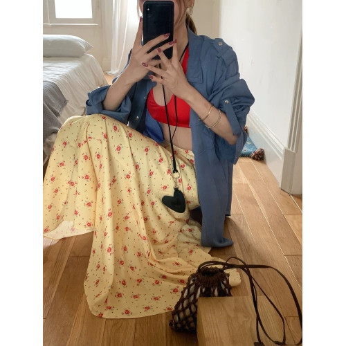 正確版 【梔子雛菊】超模微魚尾春夏擺褶休閒女長半裙