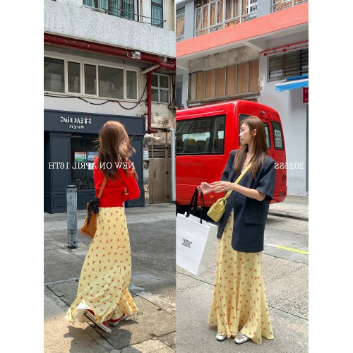 正確版 【梔子雛菊】超模微魚尾春夏擺褶休閒女長半裙