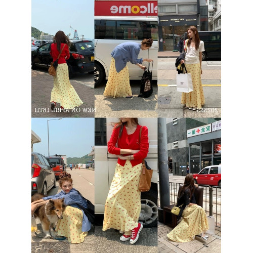 正確版 【梔子雛菊】超模微魚尾春夏擺褶休閒女長半裙