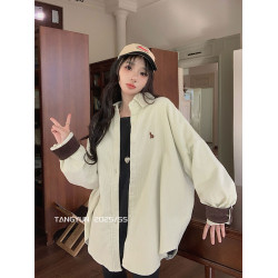 TANG韓版撞色燈芯絨襯衫外套女秋冬新款加厚設計感寬鬆慵懶風襯衣