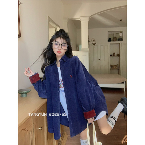 TANG韓版撞色燈芯絨襯衫外套女秋冬新款加厚設計感寬鬆慵懶風襯衣