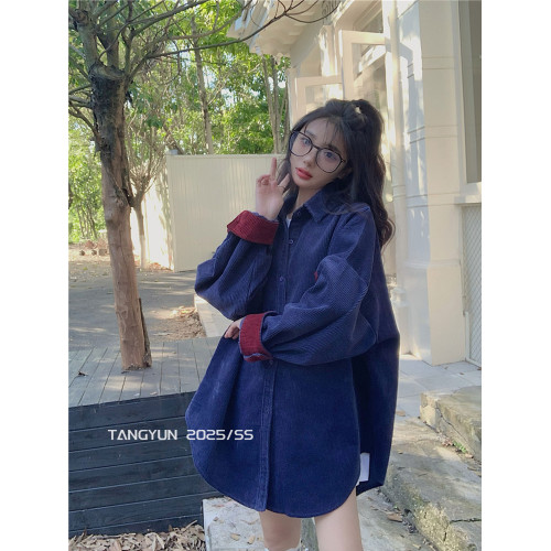 TANG韓版撞色燈芯絨襯衫外套女秋冬新款加厚設計感寬鬆慵懶風襯衣