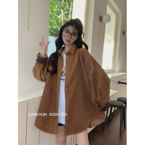 TANG韓版撞色燈芯絨襯衫外套女秋冬新款加厚設計感寬鬆慵懶風襯衣