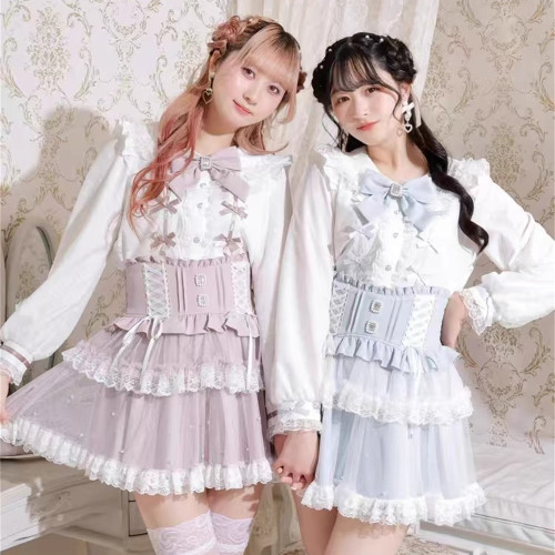 J6-2日本原單新品蕾服甜美女士可愛蕾絲蝴蝶結量産蘿莉長袖襯衫