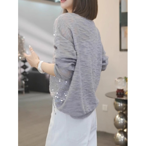 亮片設計感罩衫舒適別致套頭針織衫2025早秋流行長袖休閒寬鬆上衣