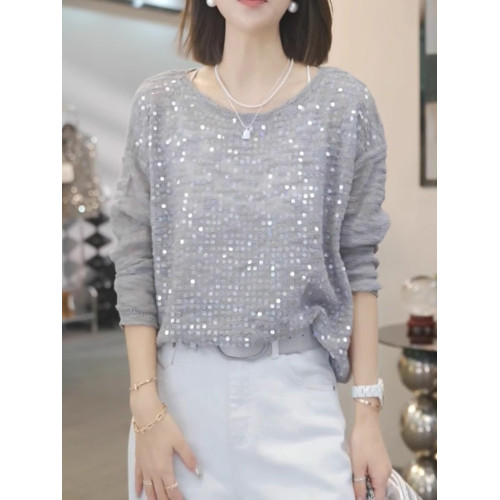 亮片設計感罩衫舒適別致套頭針織衫2025早秋流行長袖休閒寬鬆上衣