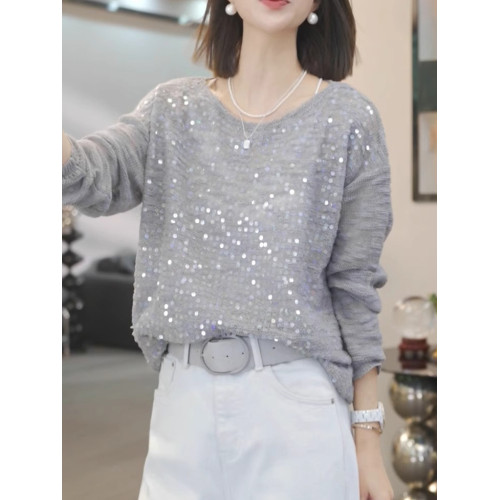 亮片設計感罩衫舒適別致套頭針織衫2025早秋流行長袖休閒寬鬆上衣