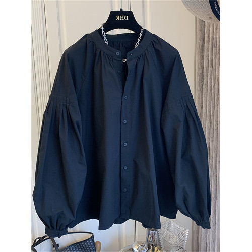 2025春秋新款女裝復古法式褶皺泡泡袖寬鬆襯衫上衣女洋氣別致小衫