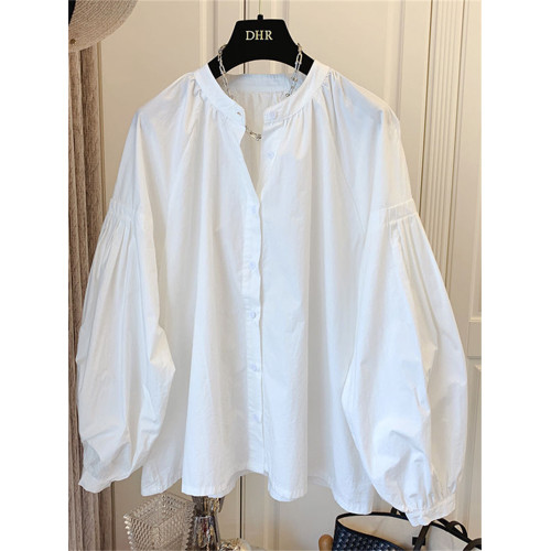 2025春秋新款女裝復古法式褶皺泡泡袖寬鬆襯衫上衣女洋氣別致小衫