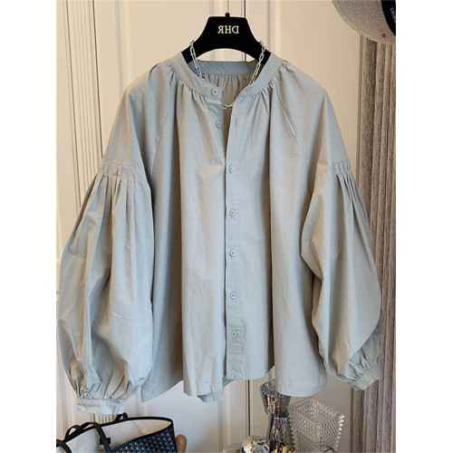 2025春秋新款女裝復古法式褶皺泡泡袖寬鬆襯衫上衣女洋氣別致小衫