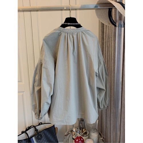 2025春秋新款女裝復古法式褶皺泡泡袖寬鬆襯衫上衣女洋氣別致小衫