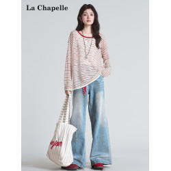 拉夏貝爾露背條紋長袖防曬罩衫T恤女2025夏季新款後背鏤空上衣