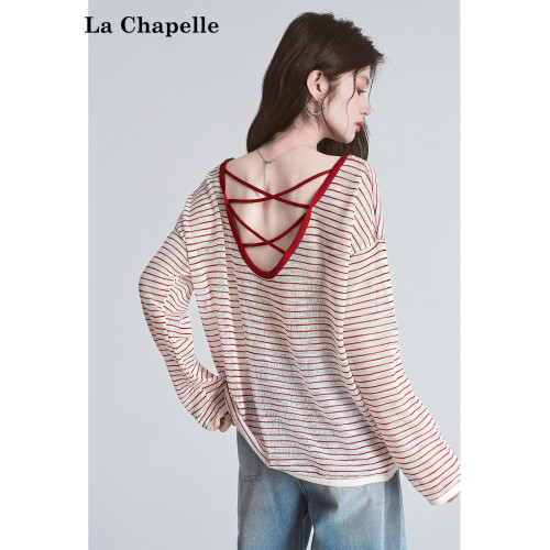 拉夏貝爾露背條紋長袖防曬罩衫T恤女2025夏季新款後背鏤空上衣